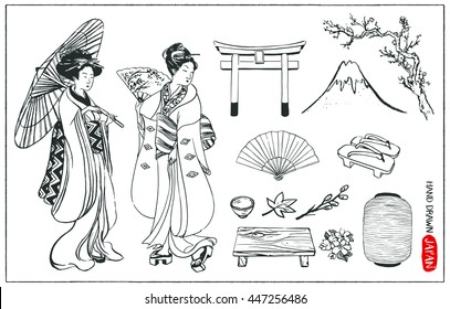 Set of Japan design elements. Geisha Woman Illustration. Hand drawn vector illustration. 