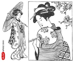 Set Of Japan Design Elements. Japanese Woman, Geisha. Hand Drawn Vector Illustration.
