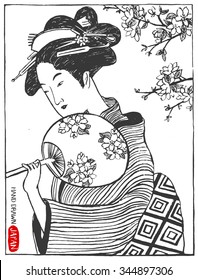 Set of Japan design elements. Japanese Woman, Geisha. Hand drawn vector illustration.