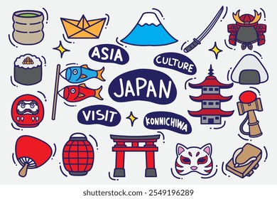 Conjunto de Japón con estilo doodle y color bueno para el fondo, Fondo de pantalla, diseño de elementos, iconos, pegatina, patrón, etc