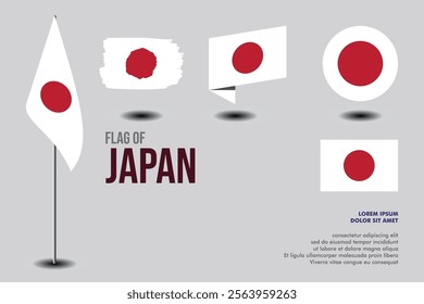 Set of Japan flag in 5 designs: flag on pole, brush stroke, skew, round and standard. vector, flat, isolated on grey background