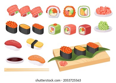 Set Japan Food, Japanese Cuisine Sushi and Rolls with Fish and Seaweeds. Seafood Gunkanmaki Ikura, Tobiko and Uni, Uramaki Philadelphia, Nigiri with Fish and Rice Tamago, Maguro, Sake. Cartoon Vector