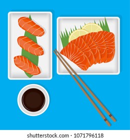 Set of Japan food on top view. Salmon sushi and sashimi