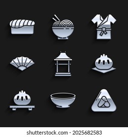 Set Japan Gate, Bowl of hot soup, Sushi, Khinkali on cutting board, Dumpling, Paper chinese or japanese folding fan, Japanese costume Kimono and  icon. Vector