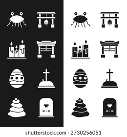 Set Japan Gate, Burning candles, Pastafarianism, Easter egg, Tombstone with cross, RIP written and Stack hot stones icon. Vector