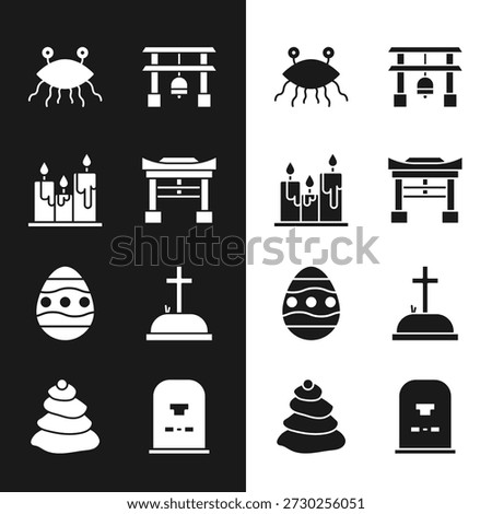 Set Japan Gate, Burning candles, Pastafarianism, Easter egg, Tombstone with cross, RIP written and Stack hot stones icon. Vector