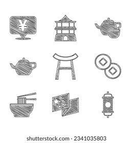 Set Japan Gate, China flag, Chinese paper lantern, Yuan currency, Asian noodles bowl, tea ceremony,  and  icon. Vector
