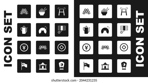 Set Japan Gate, Chinese fortune cookie, tea ceremony, Sushi cutting board, Firework, Asian noodles bowl, Yuan currency and  icon. Vector