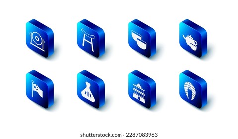 Fija la Puerta de Japón, ceremonia del té chino, filete de pescado, casa, Dumpling, mástil de la bandera de China e ícono de Gong. Vector