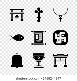 Set Japan Gate, Christian cross, on chain, Church bell, chalice, fish and Decree, paper, parchment, scroll icon. Vector