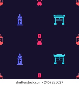 Set Japan Gate, Church pastor preaching, Priest and Ramadan Kareem lantern on seamless pattern. Vector