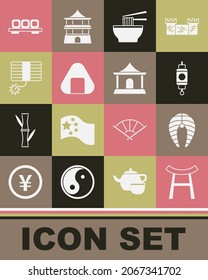 Set Japan Gate, Fish steak, Chinese paper lantern, Asian noodles bowl, Sushi, Firework, on cutting board and house icon. Vector