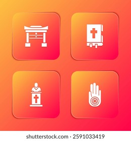 Set Japan Gate, Holy bible book, Church pastor preaching and Jainism Jain Dharma icon. Vector