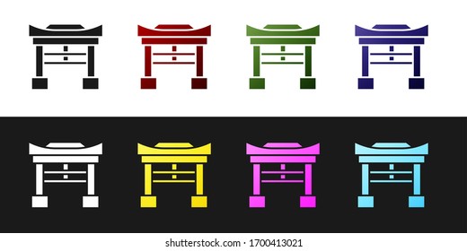 Set Japan Gate icon isolated on black and white background. Torii gate sign. Japanese traditional classic gate symbol. Vector Illustration