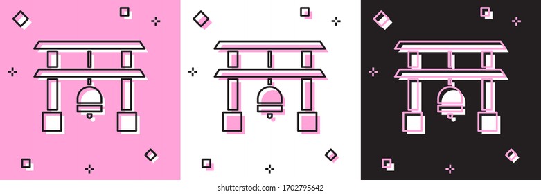 Set Japan Gate icon isolated on pink and white, black background. Torii gate sign. Japanese traditional classic gate symbol. Vector Illustration