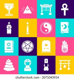 Set Japan Gate, Jainism or Jain Dharma, Holy book of Koran, Burning candle, Monk, Christian chalice and Yin Yang icon. Vector