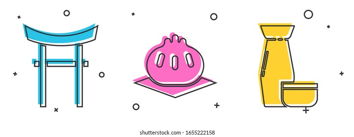 Set Japan Gate, Khinkali on cutting board and Traditional Japanese tea ceremony icon. Vector