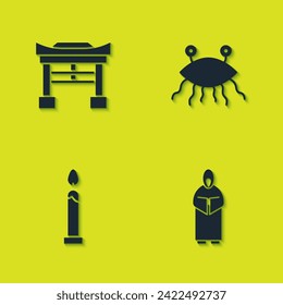 Set Japan Gate, Monk, Burning candle and Pastafarianism icon. Vector