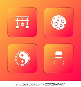 Set Japan Gate, Moon, Yin Yang and Orthodox jewish hat with sidelocks icon. Vector