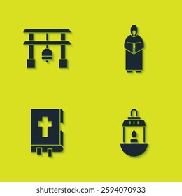 Set Japan Gate, Ramadan Kareem lantern, Holy bible book and Monk icon. Vector