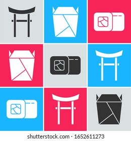 Set Japan Gate, Restaurant öffnete, nehmen Sie Box gefüllt und Sushi Symbol. Vektorillustration