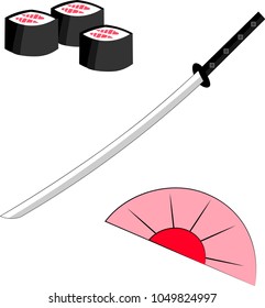 Set of Japan items. Illustration sushi, katana, fan