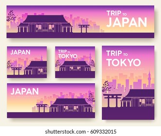 Set of Japan landscape country ornament travel tour concept. Culture traditional, flyer, magazine, book, poster, abstract, element. Vector decorative ethnic greeting card or invitation design