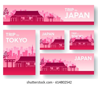 Set of Japan landscape country ornament travel tour concept. Culture traditional, flyer, magazine, book, poster, abstract, element. Vector decorative ethnic greeting card or invitation design