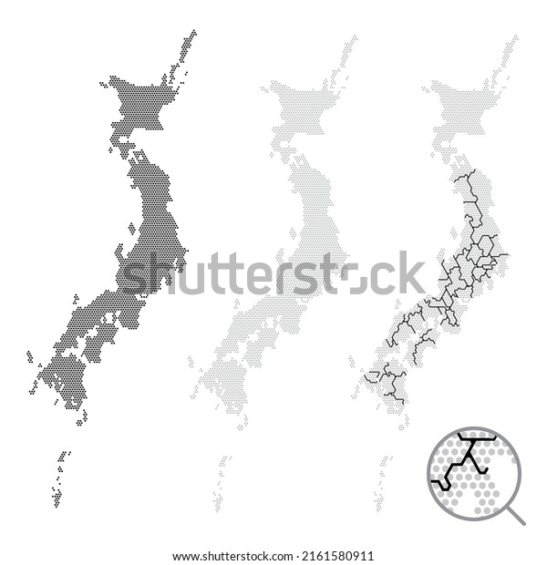 Set
of Japan map drawn with dots 120 degrees
diagonally