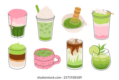 Set of Japan matcha cocktails. Collection of matcha drinks with latte , frappuccino, mojito, lemonade and coffee tonic. Green iced matcha latte in various cups. Flat cartoon vector illustration