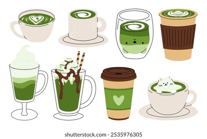 Conjunto de Japão matcha latte.  Coleção de bebidas matcha com variedade coração de arte em café, folha, urso, gato, flor. Matcha verde em vários copos. Ilustração De Vetor, Ícones. Isolado no branco