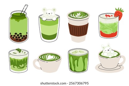 Set of Japan matcha latte. Collection of matcha drinks with latte art heart, leaf, bear, cat. Green iced matcha latte in various cups. Vector Illustration, flat cartoon Icons.