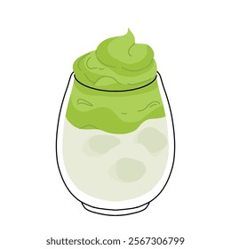 Set of Japan matcha latte. Collection of matcha drinks with latte art heart, leaf, bear, cat. Green iced matcha latte in various cups. Vector Illustration, flat cartoon Icons.