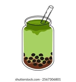 Set of Japan matcha latte. Collection of matcha drinks with latte art heart, leaf, bear, cat. Green iced matcha latte in various cups. Vector Illustration, flat cartoon Icons.