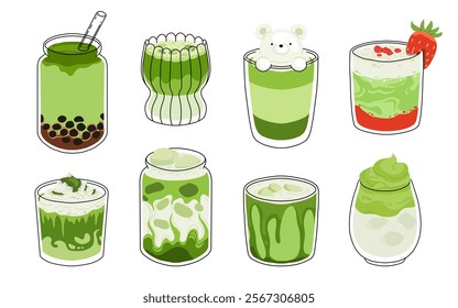 Set of Japan matcha latte. Collection of matcha drinks with latte art heart, leaf, bear, cat. Green iced matcha latte in various cups. Vector Illustration, flat cartoon Icons.