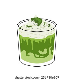 Set of Japan matcha latte. Collection of matcha drinks with latte art heart, leaf, bear, cat. Green iced matcha latte in various cups. Vector Illustration, flat cartoon Icons.