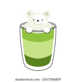 Set of Japan matcha latte. Collection of matcha drinks with latte art heart, leaf, bear, cat. Green iced matcha latte in various cups. Vector Illustration, flat cartoon Icons.