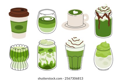 Set of Japan matcha latte. Collection of matcha drinks with latte art heart, leaf, bear, cat. Green iced matcha latte in various cups. Vector Illustration, flat cartoon Icons.