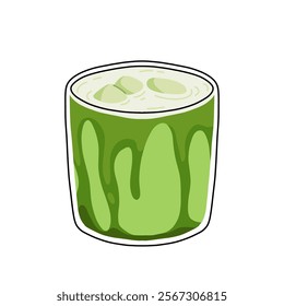 Set of Japan matcha latte. Collection of matcha drinks with latte art heart, leaf, bear, cat. Green iced matcha latte in various cups. Vector Illustration, flat cartoon Icons.