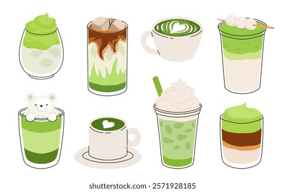 Set of Japan matcha latte. Collection of matcha drinks with latte art heart, leaf, bear, cat. Green iced matcha latte in various cups. Vector Illustration, flat cartoon Icons.