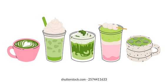 Set of Japan matcha latte. Collection of matcha drinks with latte art heart, leaf, bear, cat. Green iced matcha latte in various cups. Vector Illustration, flat cartoon Icons.