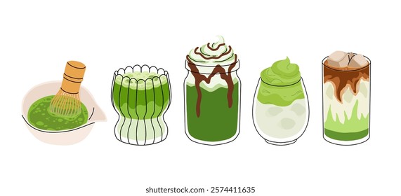 Set of Japan matcha latte. Collection of matcha drinks with latte art heart, leaf, bear, cat. Green iced matcha latte in various cups. Vector Illustration, flat cartoon Icons.