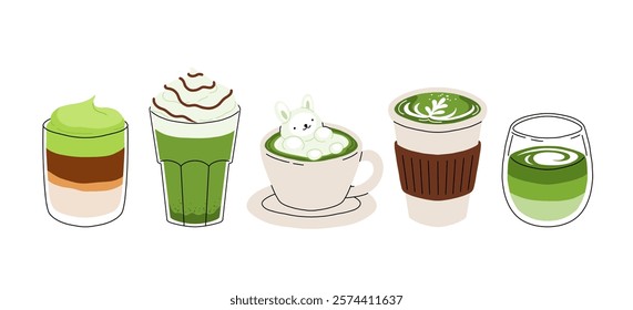 Set of Japan matcha latte. Collection of matcha drinks with latte art heart, leaf, bear, cat. Green iced matcha latte in various cups. Vector Illustration, flat cartoon Icons.