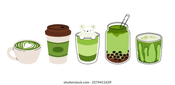 Set of Japan matcha latte. Collection of matcha drinks with latte art heart, leaf, bear, cat. Green iced matcha latte in various cups. Vector Illustration, flat cartoon Icons.