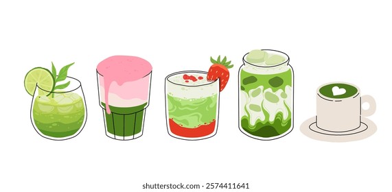 Set of Japan matcha latte. Collection of matcha drinks with latte art heart, leaf, bear, cat. Green iced matcha latte in various cups. Vector Illustration, flat cartoon Icons.