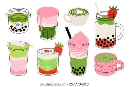 Set of Japan matcha latte. Collection of matcha drinks with latte art heart, leaf, bear, rabbit. Green iced matcha latte in various cups. Vector Illustration, flat cartoon Icons.