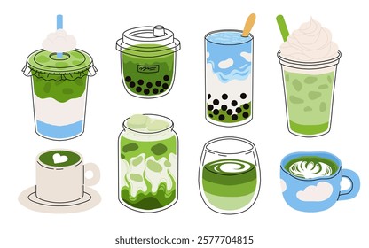 Set of Japan matcha latte. Collection of matcha drinks with latte art heart, leaf, bear, rabbit. Green iced matcha latte in various cups. Vector Illustration, flat cartoon Icons.