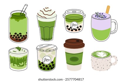 Set of Japan matcha latte. Collection of matcha drinks with latte art heart, leaf, bear, rabbit. Green iced matcha latte in various cups. Vector Illustration, flat cartoon Icons.