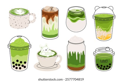 Set of Japan matcha latte. Collection of matcha drinks with latte art heart, leaf, bear, rabbit. Green iced matcha latte in various cups. Vector Illustration, flat cartoon Icons.