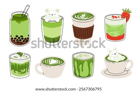 Set of Japan matcha latte. Collection of matcha drinks with latte art heart, leaf, bear, cat. Green iced matcha latte in various cups. Vector Illustration, flat cartoon Icons.